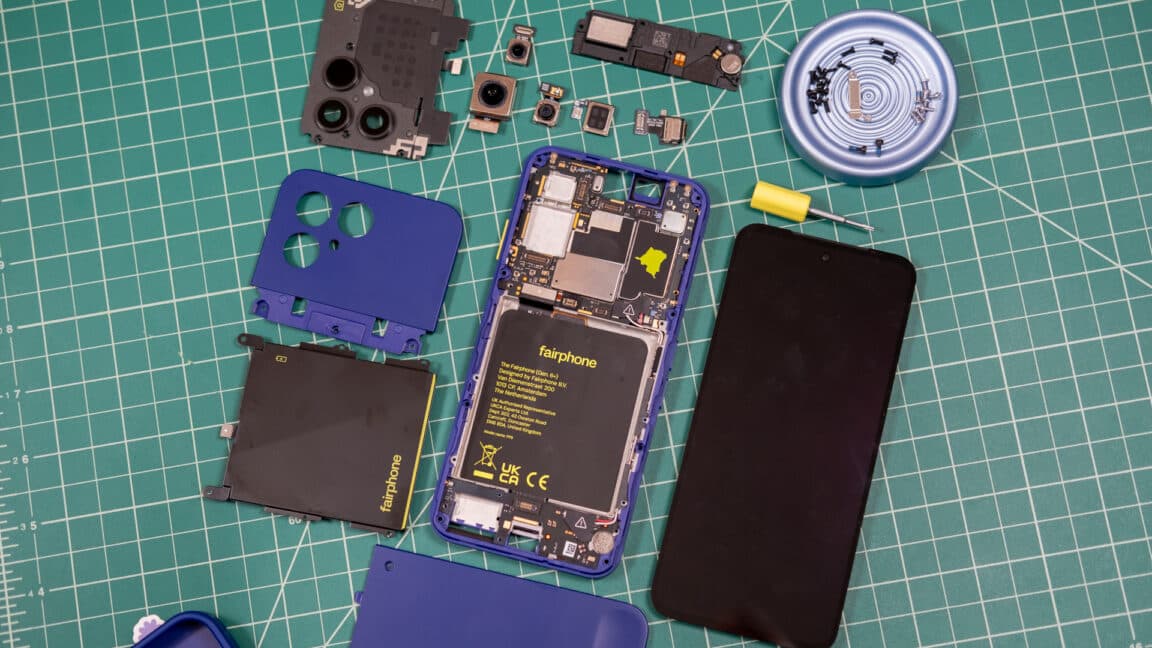 Internal modular mechanical subassemblies of a modern repairable smartphone held together with Torx screws