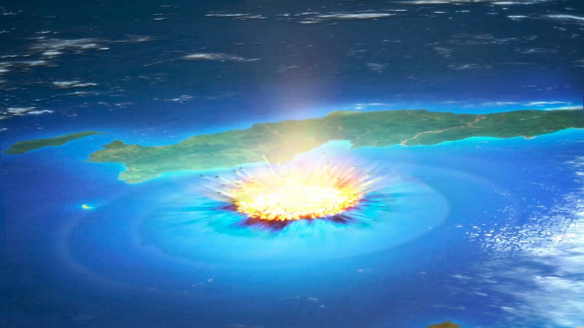 Digital visualization of an ancient underwater hydrothermal vent system inside a massive asteroid crater